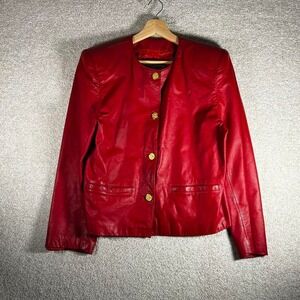 Vintage women's red button up leather jacket